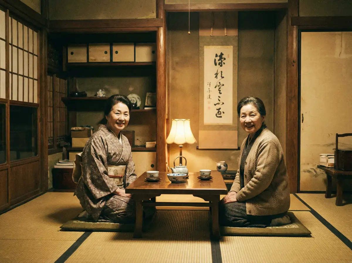 两位优雅的 鸿博体育版平台 在日式茶室中品茶交谈